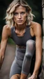 Placeholder: photography of a beautiful anorexic woman, grey satin triathlon top, sports illustrated, blond short wavy bob haircut, pronounced sternum, flat chest, anthracite cycling leggins