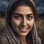 Placeholder: Hyper Realistic Close-up-view of Young-Happy-Pashto Woman with beautiful eyes angrily-Smiling on riverside & long-grass-&-dry-trees at dark-cloudy-night with dramatic ambiance