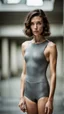 Placeholder: beautiful anorexic secretary, total shot, short shiny grey triathlon swimsuit, short brunette wavy bob hair, blurred concrete background, standing