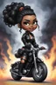 Placeholder: Create a digital airbrush illustration of a chibi cartoon full figure black female riding a sports motorcycle. She is wearing tie dye and black tights with biker boots. Prominent make up with log lashes and hazel eyes. Extremely highly detailed black shiny wavy hair up in a messy bun. Background of smoke surrounding her and the bike and she's at a bike show.