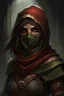 Placeholder: dnd, fantasy, high resolution, portrait, cultist rogue female with mask, looting