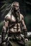 Placeholder: a muscular topless barberic viking in leather trousers and a skirt made from bearskin, temple shave followed with braids, in the wilderness