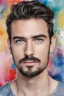 Placeholder: facial portrait, wide set blue eyes, large, curved down nose, big lips, square jawline, bushy eyebrows, dark brown hair, gray sideburns, goatee, a bright, extremely colorfull professiona quality digital photograph, multicolored watercolor stained wall in the background