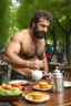 Placeholder: half figure photography of an ugly turkish barman servicing one coffee at the table, burly robust muscular chubby shirtless short beard, mainly chest very hairy 29 years old man, in a public park of Istambul , sunny day, sweat, wet, big shoulders, angry eyes, photorealistic