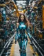 Placeholder: potrait photography cinematography colors a beautiful woman long hair humanoid robot walking fast in between two rows of complex machinery with vibrant colors