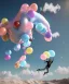 Placeholder: Ultra realistic speed clouds sky scene, wide angle view, sweet men falling down, Childs, feather inflatable color clothing, free jumping flying, many trinkets, hair monster, many jelly beans, balls, color smoke, smile, happy, circus style, extreme, wind, clouds sea, 20,000 feet altitude, stratosphere, soft color, highly detailed, unreal engine 5, ray tracing, RTX, lumen lighting, ultra detail, volumetric lighting, 3d, finely drawn, high definition, high resolution.