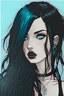 Placeholder: Realistic comic book style, beautiful, cute young gothic goddess, many freckles, button nose, very long black hair, very messy hair, braided black hair, white streaks in hair, full lips, black lipstick, dark makeup, glowing aquamarine eyes, nose piercing, eyebrow piercing, multiple ear piercings, wearing a hooded black sleeveless tank top, bright white tattoos, Nordic, digital art, masterpiece, trending on artstation, full body