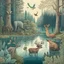 Placeholder: A detailed illustration with forest animals at the egde of a forest drinking from a lake.