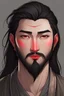 Placeholder: Light skinned korean male elf with black straight hair and a beard veard who is also blind in one eye with dark grey eyes