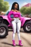 Placeholder: Create a digital airbrush cartoon of a curvy African American female wearing tight white jeans and a off the shoulder hot pink blouse. She is also wearing timberland boots. Prominent make up with hazel eyes. Highly detailed very long extremely braids of black hair. Her skin is smooth and silky. Background of a track of ATV riders.