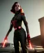 Placeholder: retro sci-fi portrait image from 1960, supermarket parking explosion, fire, classic black widow, young Scarlett Johansson, tight lycra suit, soft color, highly detailed, unreal engine 5, ray tracing, RTX, lumen lighting, ultra detail, volumetric lighting, 3d, finely drawn, high definition, high resolution.