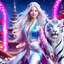 Placeholder: (masterpiece, best quality, 8k, RAW photo, beautiful and aesthetic:1.2), complex detail, Indirect light, photorealistic, (((full body))), 2 Gorgeous Cosmic asian goddess smiling, long curved white hair, blue eyes, Mixed, sci-fi and traditional asian outfit with pink velvet and white furs, riding a white tiger running in a colorfull snowy Sci-Fi landscape with bokeh