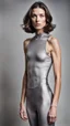 Placeholder: photography of a beautiful anorexic woman, grey satin triathlon top, brunette wavy bob haircut, flat chest, grey satin cycling leggins