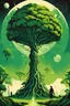 Placeholder: The giant is planting a big green tree, first contact concept art, silkscreened mind-bending illustration; sci-fi poster art, asymmetric, futurism