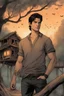 Placeholder: masculine fighter with a in a black linen shirt with, rune tattoos and short dark hair, in the background treehouse settlement with fireflies, m fantasy style. A soft-focus image of the golden sunset streaming through the trees, casting a warm glow Tyler Posey and the surrounding foliage., create in inkwash and watercolor, in the comic book art style of Mike Mignola, Bill Sienkiewicz and Jean Giraud Moebius, highly detailed, gritty textures,