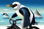 Placeholder: One single mature penguin, friendly, riding on a bike, perfect iris, perfect eyes, model style, hyper realistic, extremely accurate, delicate, extremely detailed, Graphic novel style, colours, wide-angle, open aperture, superfine pencil