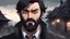 Placeholder: (masterpiece), best quality, expressive eyes, perfect face, Men, 38 years, 176 cm tall, Short black hair, black bearded beard, (masterpiece) draw, horror art style, dark horror style, serious face, investigator, in village background, draw, anime art style, detective