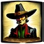 Placeholder: Caricatura de un hombre con sombrero vaquero de aleron grande negro cara levantada cuerpo completo