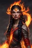 Placeholder: Visualize a fierce eladrin druid with blazing jet-black hair, each strand seemingly on fire, conjuring flames with her hands. Her eyes, a bright red that shines with a fiery intensity, add to the dramatic display of elemental power. The flames dance within the intricate half-braided, cascading hair, creating an entrancing spectacle. Clad in minimalistic armor, she channels magic and fire, a notable scar on her face revealing battles fought.