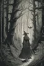 Placeholder: in the style of a Henry Justice Ford drawing, a beautiful witch walks through a forest