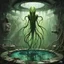 Placeholder: Matte oil paining for sci-fi movie, in an abandoned messy lab an alien insectoid ectomorphic tentacled creature suspended in greenish viscous liquid in a large glass vat with a leaking crack in it, small greenish pool on floor, art from beyond, dramatic, poster art masterpiece!, by Jakub Rozalski and H.R. Giger