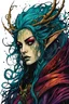 Placeholder: highly detailed color woodcut concept illustration of a world weary, female Sea Elf sorceress character , maximalist, sharp focus, highest resolution, in the styles of Alex Pardee, Denis Forkas , Bill Sienkiewicz, and Masahiro Ito, boldly inked, 8k, coarse, gritty textures