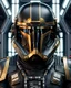 Placeholder: star wars bald male corellian pilot wearing dark gunmetal grey and black First Order special forces TIE pilot armored flightsuit and helmet with gold trim inside the jedi temple, centered head and shoulders portrait, hyperdetailed, dynamic lighting, hyperdetailed background, 8k resolution, volumetric lighting, light skin, fully symmetric details