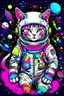 Placeholder: gato adolecente espacial, con atuendo colorido ambiente festivo