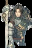 Placeholder: A handsome 30 year old knight, black hair, dark blue eyes, male bob haircut, in black-and-gold plate armor, golden katana in hands, no beard, european, portrait