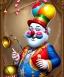 Placeholder: happy old friendly fat clown with round head and trimmed beard playing jazz with a steampunk theme, circus, realistic