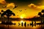 Placeholder: families sitting on a beach lagoon, birds in the sky, sunset, tropical forest