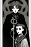 Placeholder: 7 year old boy, necromancer, friendly, looks dead,with a lamprey serpent , wearing black robes, in the style of Harry Clarke