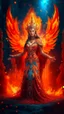 Placeholder: Full body wide-angle RAW photo, the fire queen wearing very luxurious and jewel-embellished clothes, fully covered, holding a fire shawl, opals and flower decorations, fractal wing texture, coming out of a burst of fire, winter scenery in the background, beautiful woman's face indonesia, high detail skin, phoenix, fire, 8k uhd, dslr, soft lighting, high quality, film grain