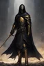 Placeholder: A commander with a black cloak and a long coat with long combat boots and a long spear with his Helmet is golden under his cloak like assasins
