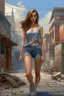 Placeholder: a beautiful young woman in denim shorts by robert laine, in the style of celebrity image mashups, karol bak, light brown and gray, urban grittiness, villagecore, leo putz, yankeecore
