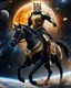 Placeholder: Realistic photography take photoshoot from far,front view of a humanoid warrior tiger wearing clothing armor golden ,on riding a black horse , flying in space, on galaxy surrounded by planets