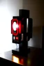 Placeholder: gaming lamp, form inspired by stark tower, architecture form, modern design style and black and red color