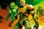 Placeholder: Create a vintage-style sci-fi image featuring a muscular male character with blond hair and a determined expression, dressed in a form-fitting, orange space suit with black belt, standing on a green, disc-shaped spacecraft. In close combat with a large, silver humanoid robot that has visible joint segments, round head, a flat face with two large circular eyes, and a small round mouth. The robot's right hand is raised while its left hand is gripping the protagonist's right forearm. The human char