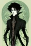 Placeholder: black haired young man necromancer wizard with gothic jewelry and tentacle fingers in the style of Harry Clarke