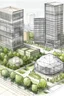 Placeholder: Simple sketch rendering and urban park rendering with three small pentagonal one-story glass buildings