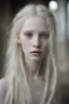 Placeholder: Emotive photographic image - stunningly beautiful, 15 year old albino girl chechen facial features anorexic. sickly, pale skin. blotches on skin. wild, very long, floor length, wavy wispy ghostly white hair in messy braids. ghostly white eyebrows and ghostly white eyelashes. lovely face, sculpted cheeks. beautiful, succulent, pale lips. barefooted. cinematic dynamic masterpiece, hyper realistic film still, beautifully detailed, soft lighting, ethereal, sparkle, beautifully lit, dramatic lighting