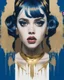 Placeholder: Poster in two gradually, a one side the Singer Danish MØ face, and other side the Singer Melanie Martinez face, symmetry, painting by Yoji Shinkawa, darkblue and gold tones,