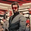 Placeholder: a young man with big muscles who looks like hans gruber wearing a turtleneck and red sunglasses staring with an angry look on his face