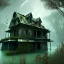 Placeholder: Abandoned house, overgrown, partially submerged,Interior, water inside