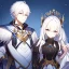 Placeholder: Twins, boy and girl, white hair, silver eyes, royal hall background