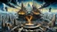 Placeholder: a stunningly weird image of a futuristic metropolis using Salvador Dali's paranoiac-critical method, where buildings and structures appear to melt into the skyline cityscape is filled with floating mad, twisted sharp metal shapes that interact with the buildings and each other, forming a surreal tableau of a dreamlike reality. neu-steampunk vibe, essence of the scene in a cinematic manner, with dramatic shadows that enhance the distorted perspectives and bizarre