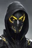 Placeholder: киборг, одет в черное пальто с капюшоном, маска только с желтыми узкими глазами