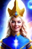 Placeholder: young cosmic woman admiral from the future, one fine whole face, large cosmic forehead, crystalline skin, expressive blue eyes, blue hair, smiling lips, very nice smile, costume pleiadian,rainbow ufo Beautiful tall woman pleiadian Galactic commander, ship, perfect datailed golden galactic suit, high rank, long blond hair,