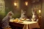 Placeholder: Two cats are having breakfast sitting at a table, perfect iris, Painting like John Atkinson grimshaw