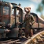 Placeholder: old train that looks like a weasel conductor, in the style of a fallout 4,bokeh like f/0.8, tilt-shift lens 8k, high detail, smooth render, down-light, unreal engine, prize winning